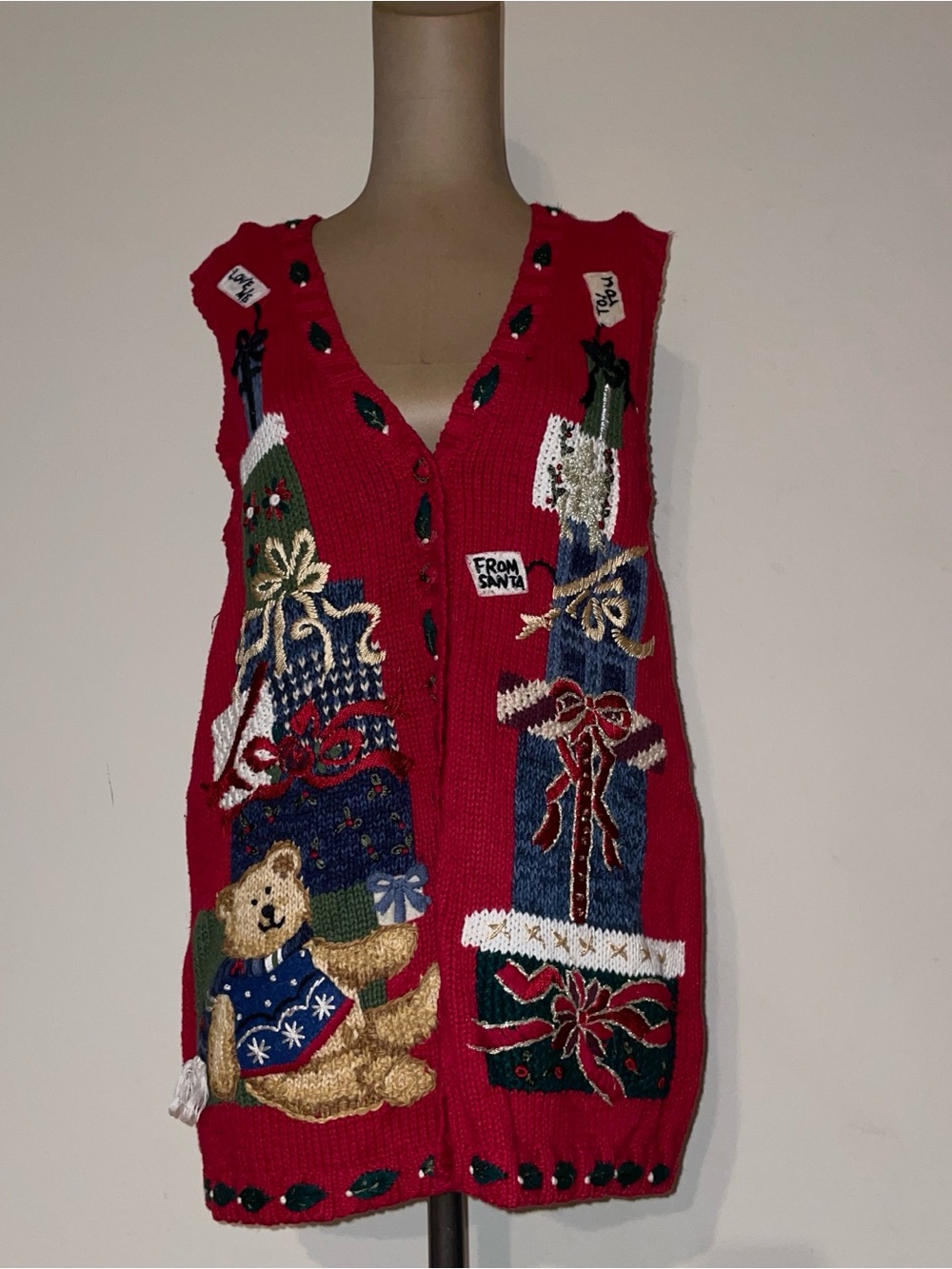 Fashion Bug Red Embroidered Holiday V-Neck Sweater Vest